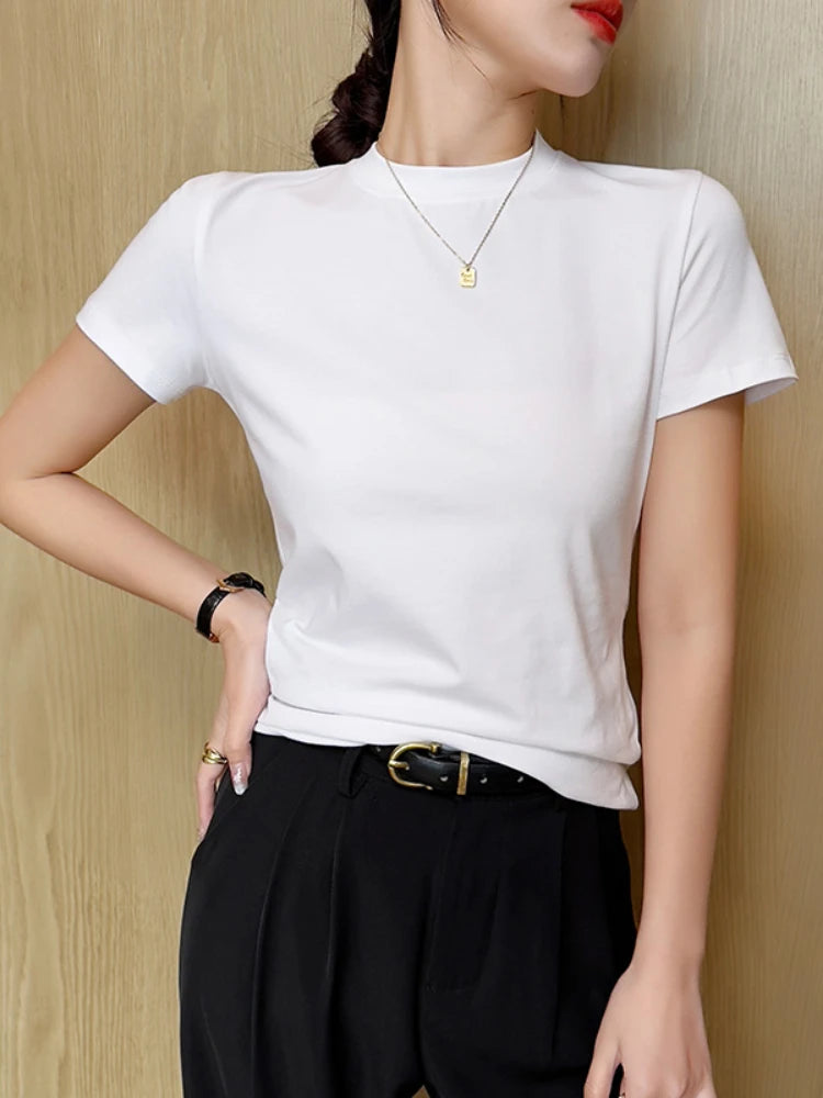 Sommerliches Basic-Baumwoll-T-Shirt für Damen 2026 im koreanischen Stil, Damenbekleidung, Kurzarm-T-Shirts, O-Ausschnitt, einfarbige T-Shirts, lässige Oberteile, Mujer