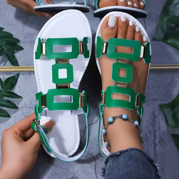 2025, runde Zehen-Damen-Sandalen aus Leder, flach, lässig, Strandschuhe, bequeme Schuhe, Metalldekoration für Damen, modisch, Größe 43
