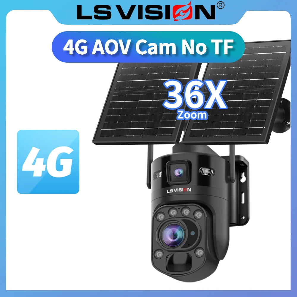 LS VISION 36X Optischer Zoom Außen-Solarkamera WiFi/4G 24/7 Videoaufzeichnung Doppelbildschirme AOV & PIR WLAN-Sicherheitskamera CCTV IP66