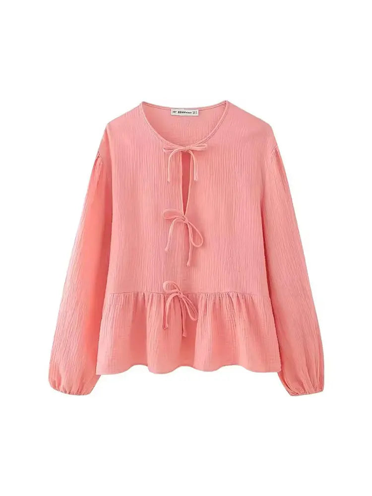 HH Damen Elegantes Einfarbiges 2-Teiliges Outfit O-Ausschnitt Schnürung Langarm-Bluse & Weite Hosen Set Lässiger Frühlingsanzug