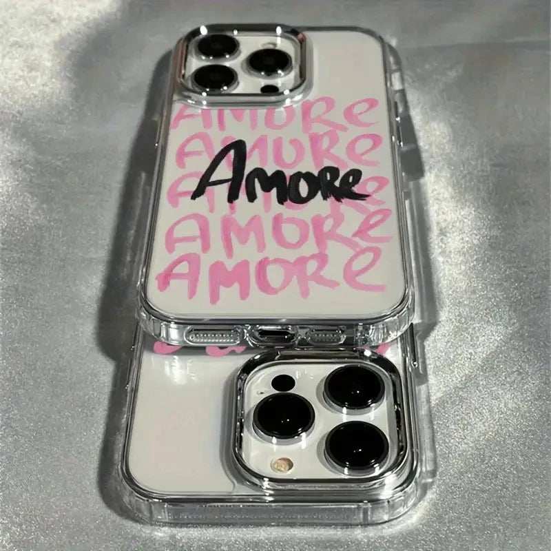 AMORE Rosa Text Silber Linsenrahmen Transparente Handyhülle für iPhone 17 16 11 12 13 14 15 Pro Max XS X XR 7 8 Plus 16E Air Cover