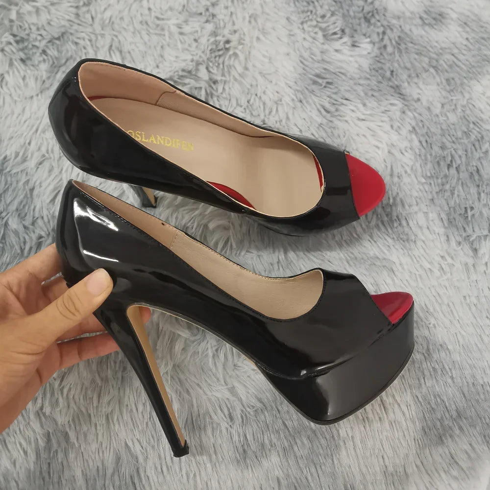 LOSLANDIFEN Frauen Pumpen Sexy Peep Toe Plattform 14 cm Super High Heels Patent Leder Schuhe Rot Hochzeit Stilettos Große Größe 44