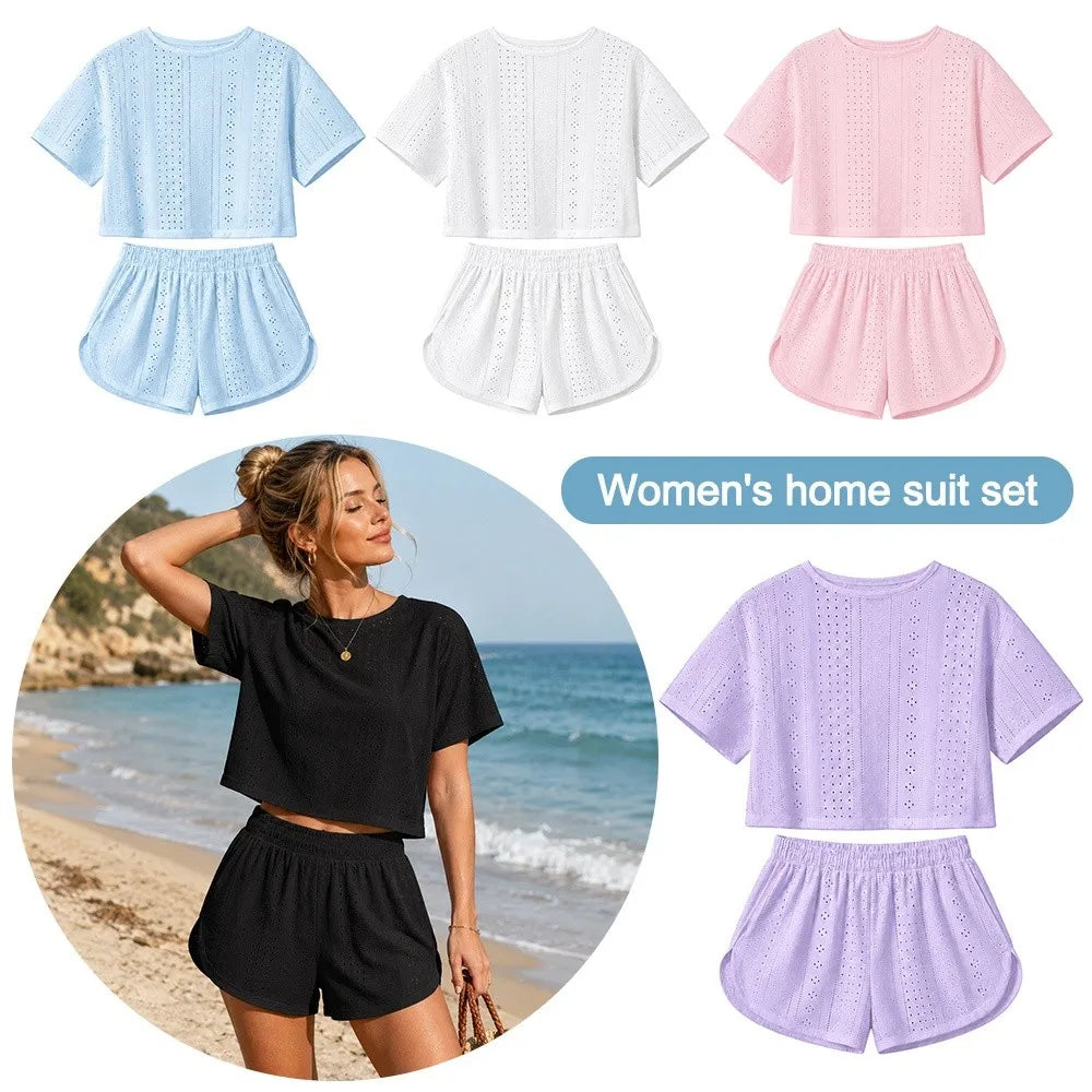 Neues Polyester-Pyjama-Set für Damen, atmungsaktives Loungewear-Set mit Lochmuster, bequemes Kurzarm-Oberteil und Shorts, lässig für den Freizeitgebrauch