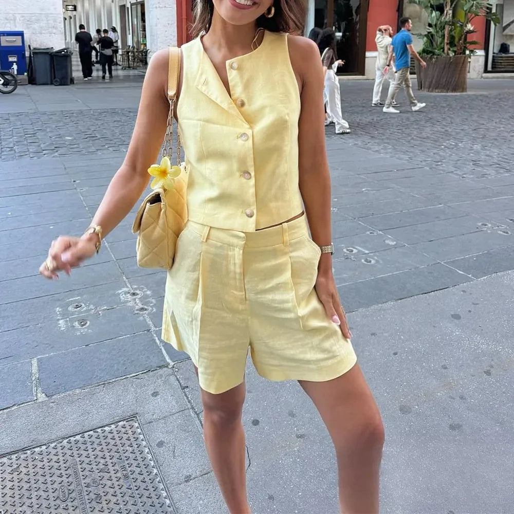 KONDALA Casual Chic Butter Gelb Frauen Anzug Solide Oansatz Taste Ärmelloses Top Zipper Gerade Shorts Mode 2025, Sommer Sets