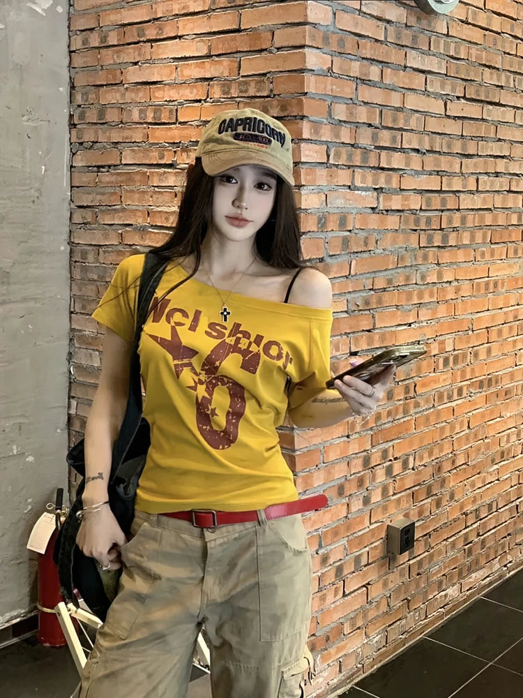 Y2k Sport Sommer Off schulter Top Frauen Sexy Vintage 2000s kurzarm T shirt Dame Körper Grundlegende Crop Top weibliche Casual