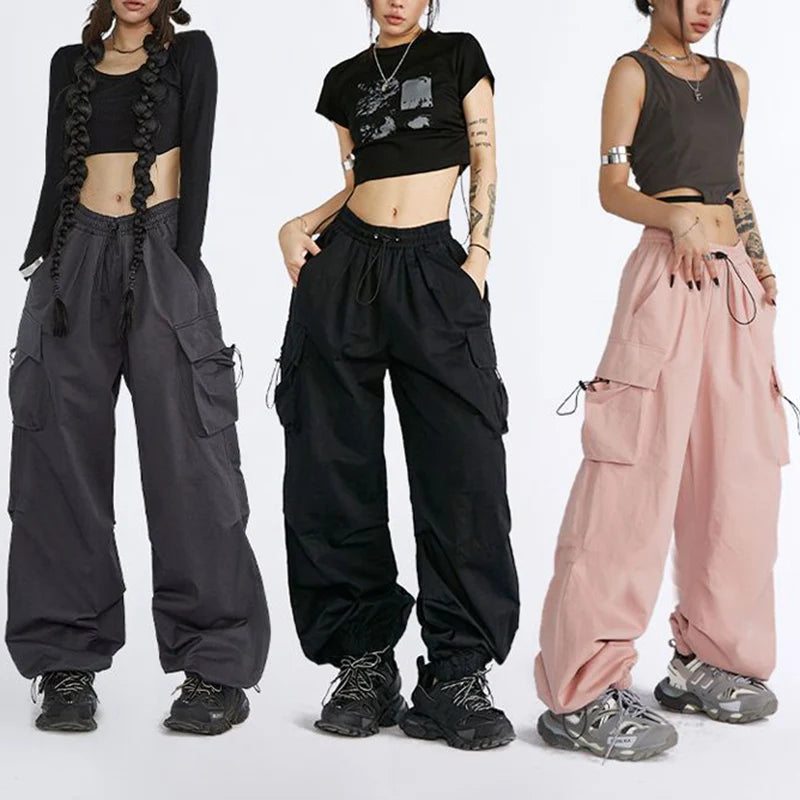 Große Größe Weibliche High Street Cargo Hosen Dame Baggy Hohe Taille Gerade Bein Hosen Mädchen Klassische Mode Kordelzug Hosen
