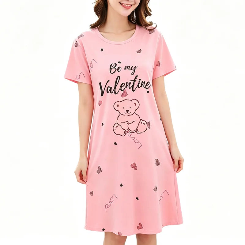 Damen Übergrößen-Pyjama Kurzärmeliges Nachthemd Cartoon-Bär Langer Studenten-Bademantel Hasen-Maxirock Loungewear Mädchenkleid