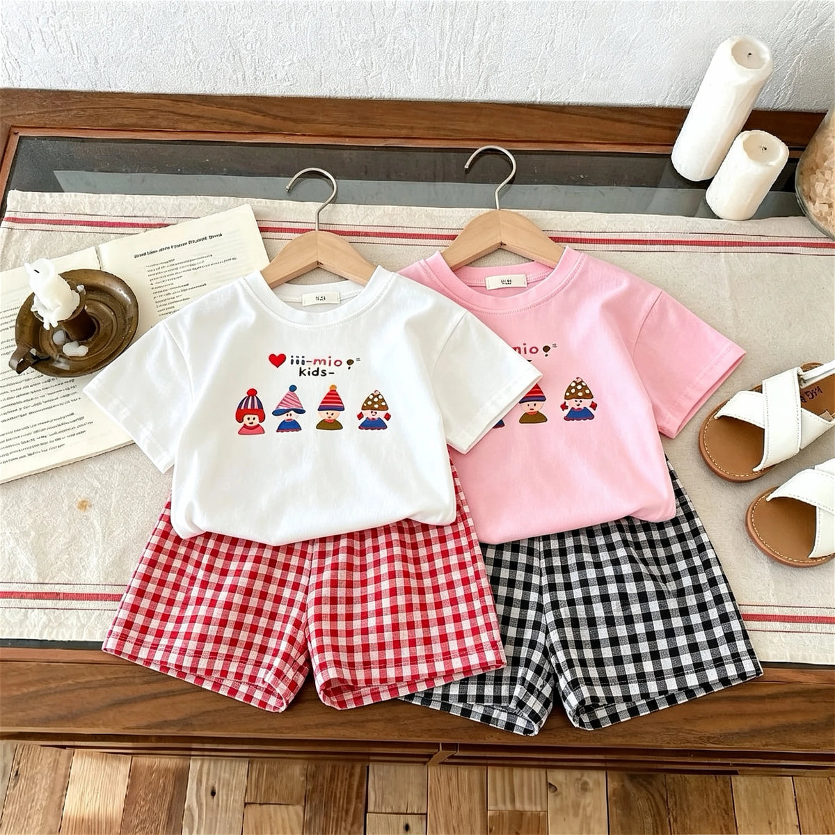 Sommer-Kurzarm-T-Shirt-Anzug für Babys, einfache, modische, lässige zweiteilige Set-Kinderkleidung, T-Shirt + karierte Shorts