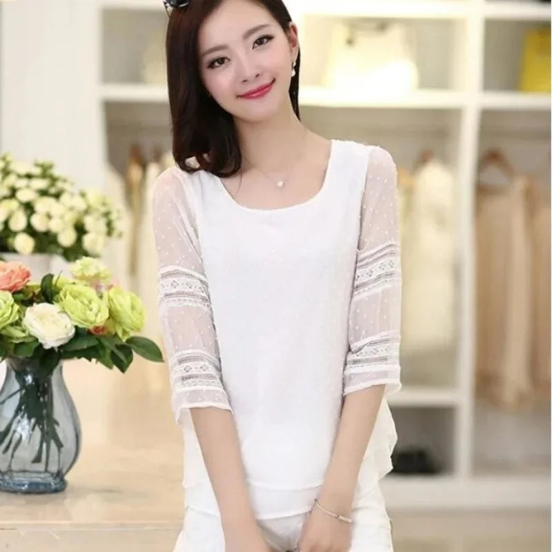 Damenoberteile, modische Bluse, halbe Ärmel, Chiffon-Hemden, Spitzennähte