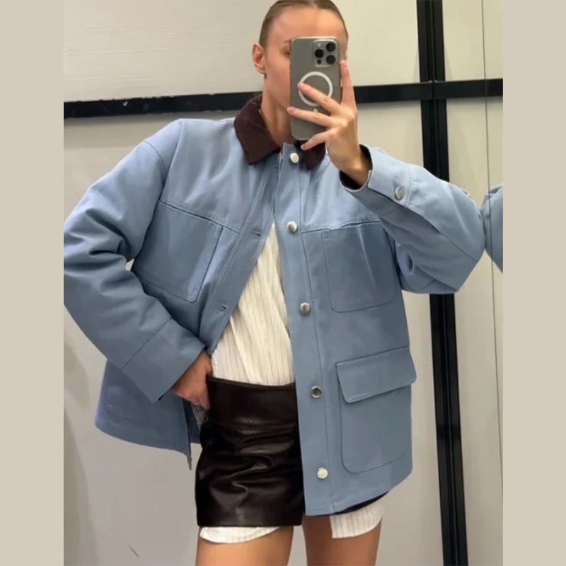 Lässige Blaue Jacke mit Mehreren Aufgesetzten Taschen für Damen, Cordkragen, Einreihiger Mantel, Schicker Street-Style, Frühlingsjacke