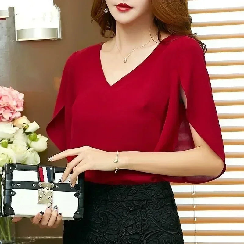 Frauen Chiffon Kurzarmhemd sexy V-Ausschnitt lose gekräuselte Chiffon Bluse.