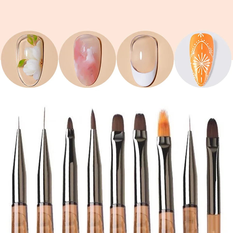 9-teiliges Nagelbürsten-Set, Detail- und Arbeitsstifte, stilvolle braune Griffe, Gel-Nagelkunst, feine Linienmalerei, professionelles Werkzeugset für den Heimgebrauch