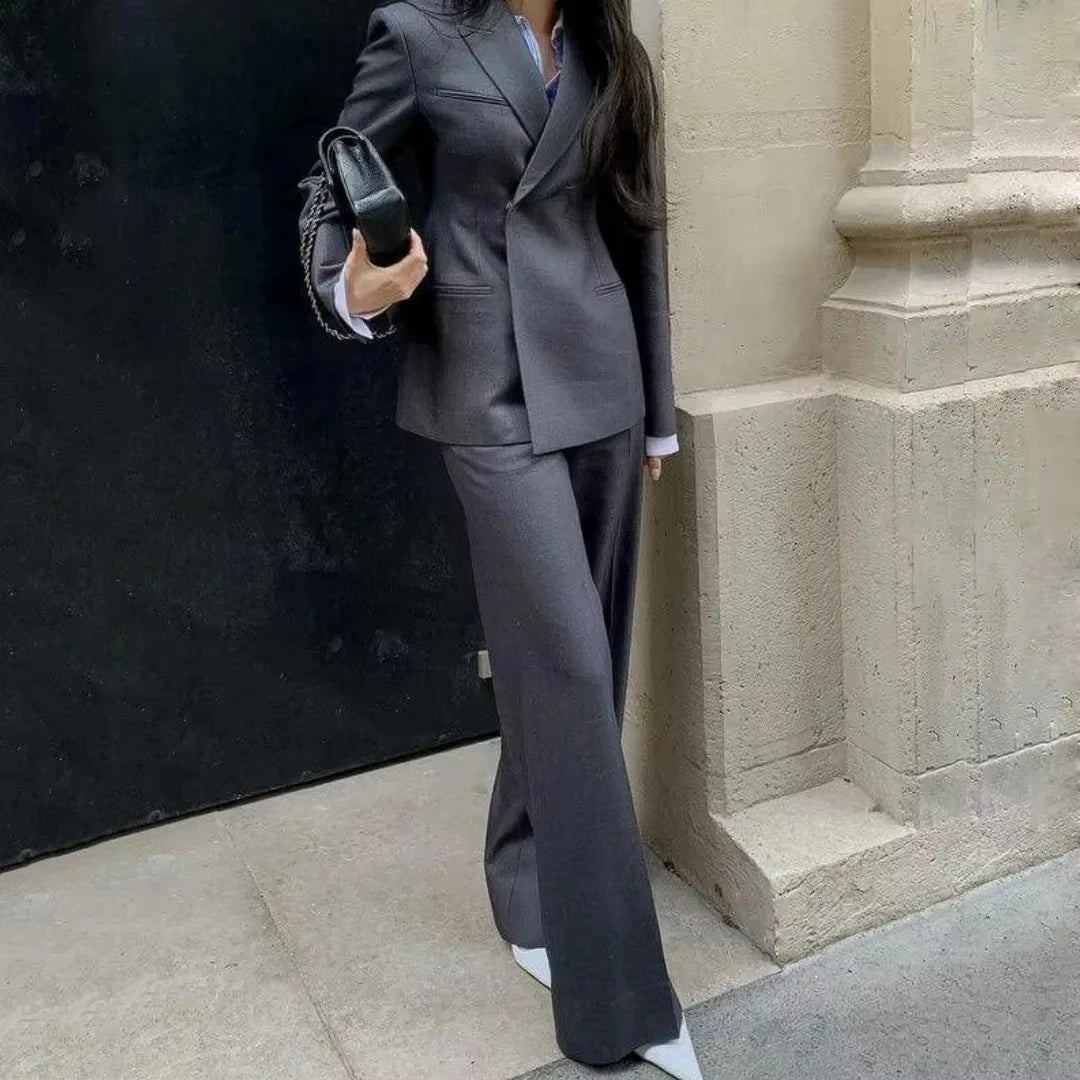 Damenanzug, 2-teilig, dunkelgrau, einfarbig, locker geschnitten, für Hochzeit, Party, Business, Arbeit, Büro, Pendeln, Alltag, Blazer und Hose