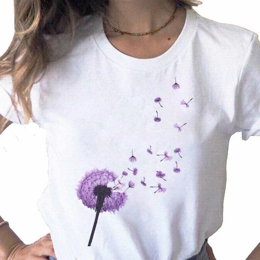 Neue Löwenzahn gedruckt Frauen T-Shirt Cartoon Grafik gedruckt schwarz Damen T-Shirt lässig Frau Shirt lustige T-Shirts