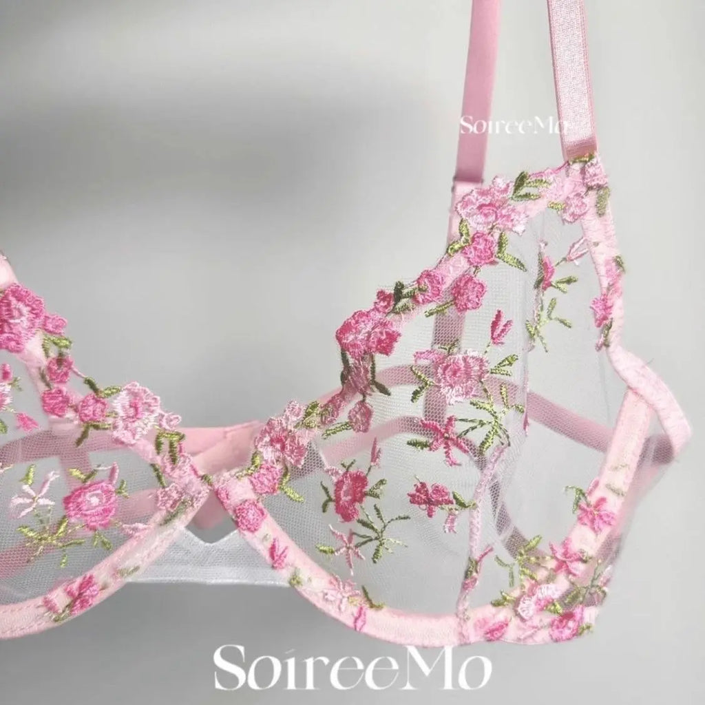 Tägliches französisches Spitzen-BH-Set, durchsichtiges Mesh-Bügel, große Brustunterstützung, Blumenstickerei, Komfortkleidung, sexy MOYISU-Höschen, bezauberndes Set