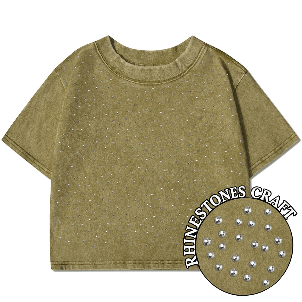 Einfarbiges Slim-Fit T-Shirt für Damen, Modisches Weiches Baumwoll-Shirt mit Strass-Verzierung, Kurzarm, Coole Kleidung für Frauen
