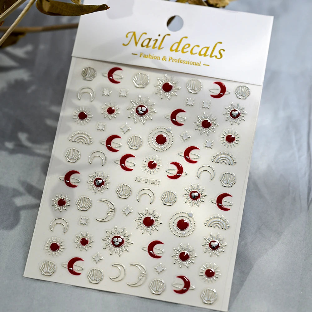 1 Blatt Smaragdgrün Gold Stern Mond Nagelaufkleber Bohemian Hot Stamping Metallic Nagelaufkleber Türkis Maniküre Sliders für Frauen