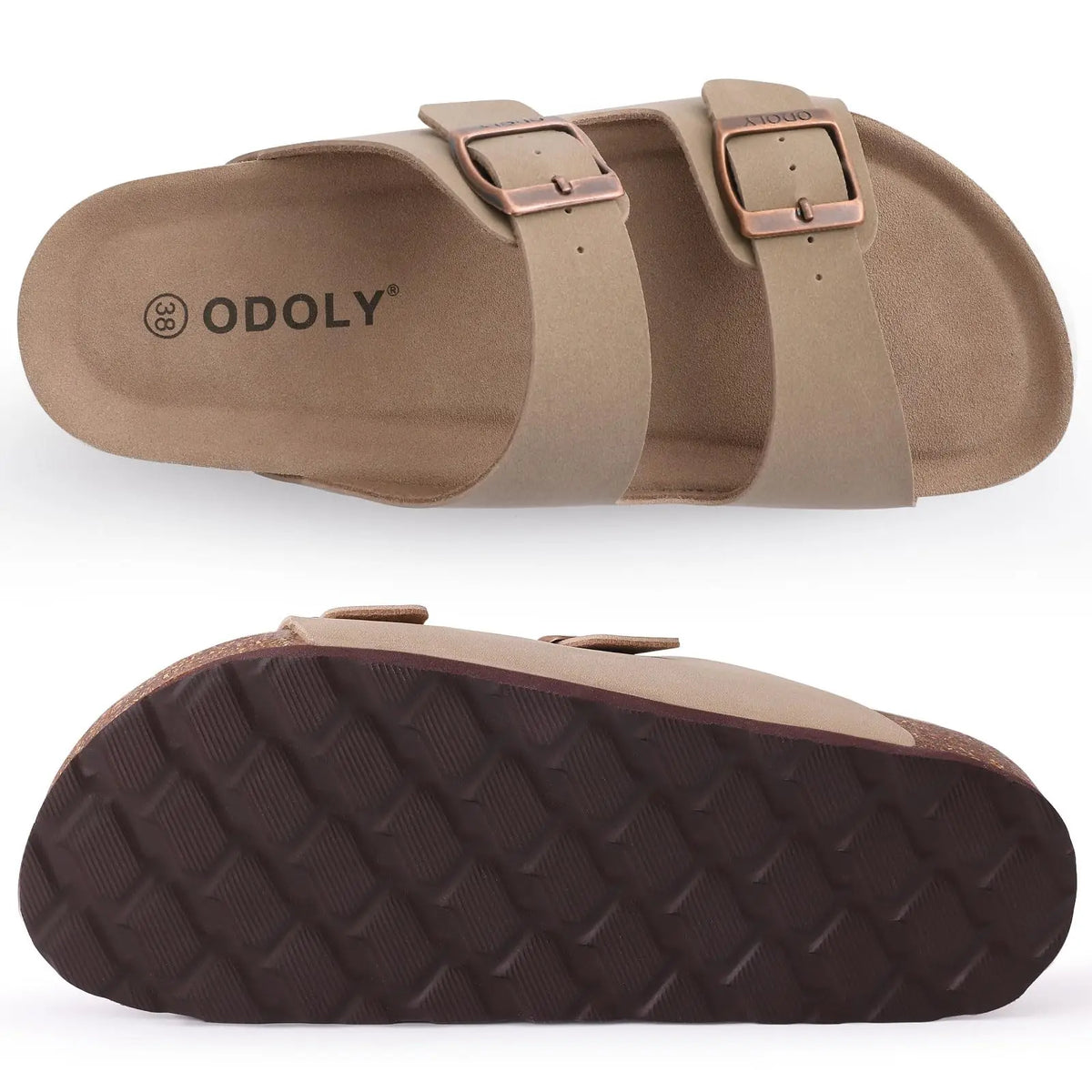 Crestar Damen-Hausschuhe mit Korkfußbett, Sommer-Paar, verstellbare Doppelschnallen, flache Sandalen, Outdoor-Kork-Strandrutschen mit offener Spitze