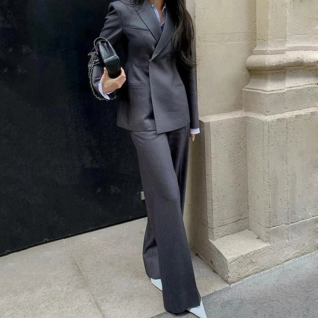 Damenanzug, 2-teilig, dunkelgrau, einfarbig, locker geschnitten, für Hochzeit, Party, Business, Arbeit, Büro, Pendeln, Alltag, Blazer und Hose