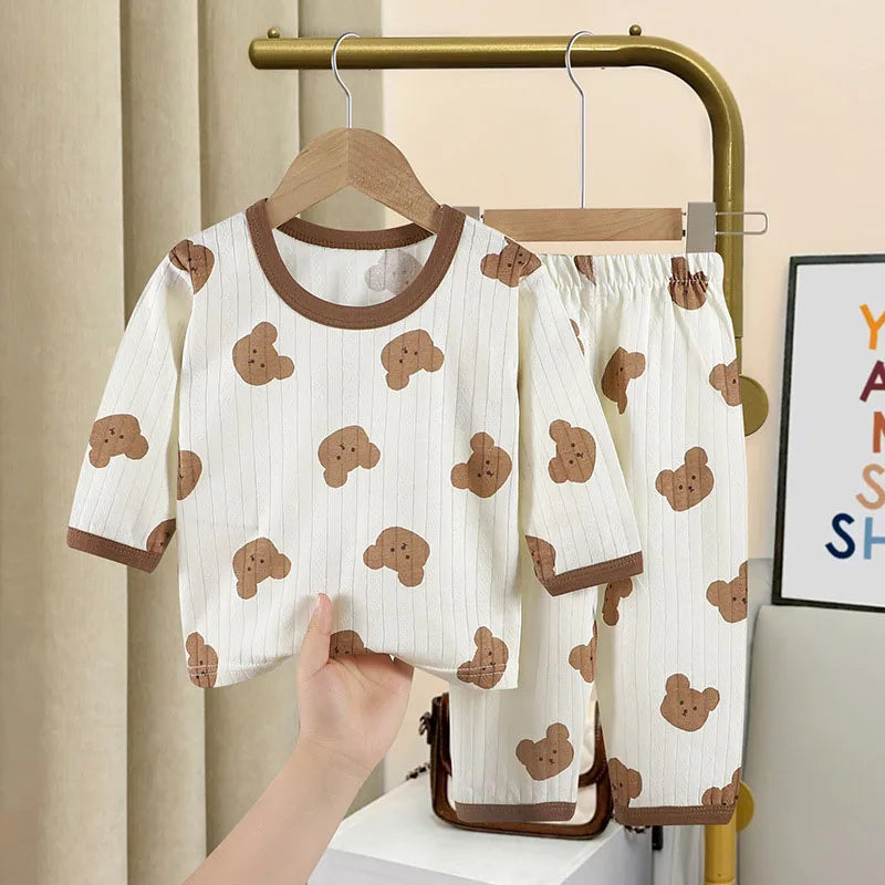 Sommer Baby Home Kleidung Pyjama Cartoon Bär Druck Langarm Hosen Set Kinder Jungen Mädchen dünne zweiteilige Kleidung Anzug Outfits
