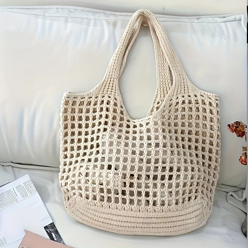 Gehäkelte Tragetasche für Damen, großes Fassungsvermögen, hohl gewebte Einkaufstasche mit festem Schultergurt, ideal für Reisen, Taschen für Damen, Handtaschen
