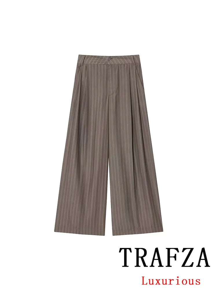 KONDALA Bürodame, schicke braune Anzüge, V-Ausschnitt, gestreift, lockerer Blazer, hohe Taille, weites Bein, Hosen, Mode, 2025, Herbst, lässige Damenanzüge