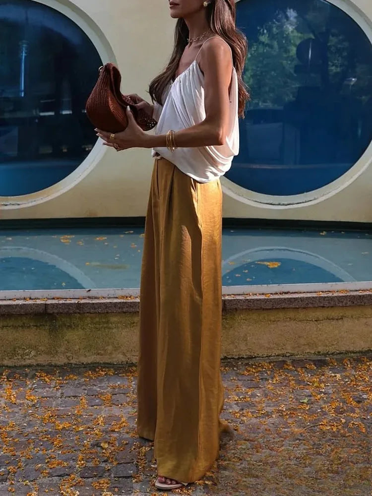 KONDALA Casual Chic Gelb Satin Frauen Anzüge V-ausschnitt Tasten Weste Hohe Taille Breite Bein Hosen Mode 2025, Sommer Urlaub Anzüge