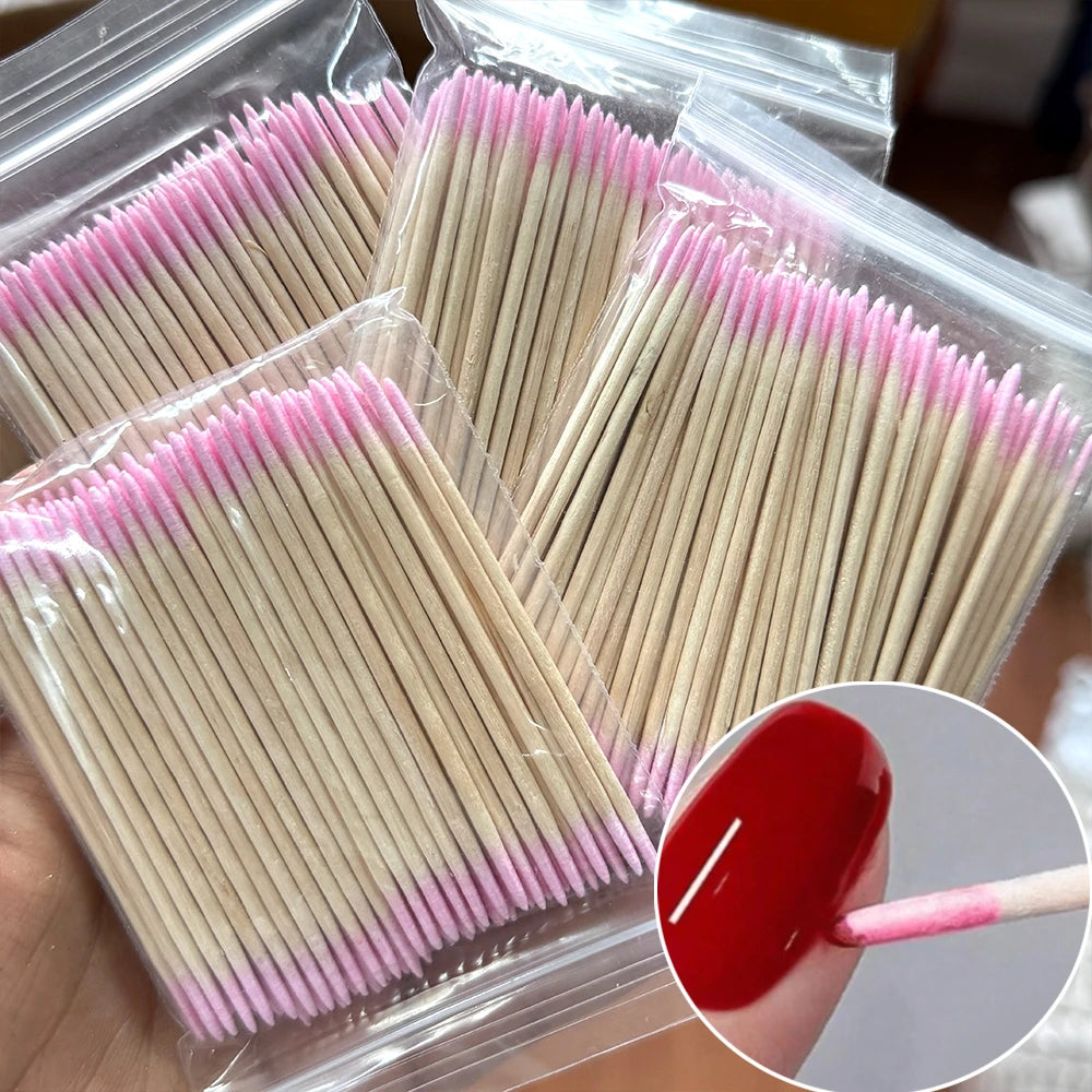 400 Stück rosa Doppelkopf-Nagelkunst-Nagelhautschieber-Entferner, 7 cm, orangefarbene Holzstäbchen, Wattestäbchen, sauberes Werkzeug für Nagel-Strass-Make-up
