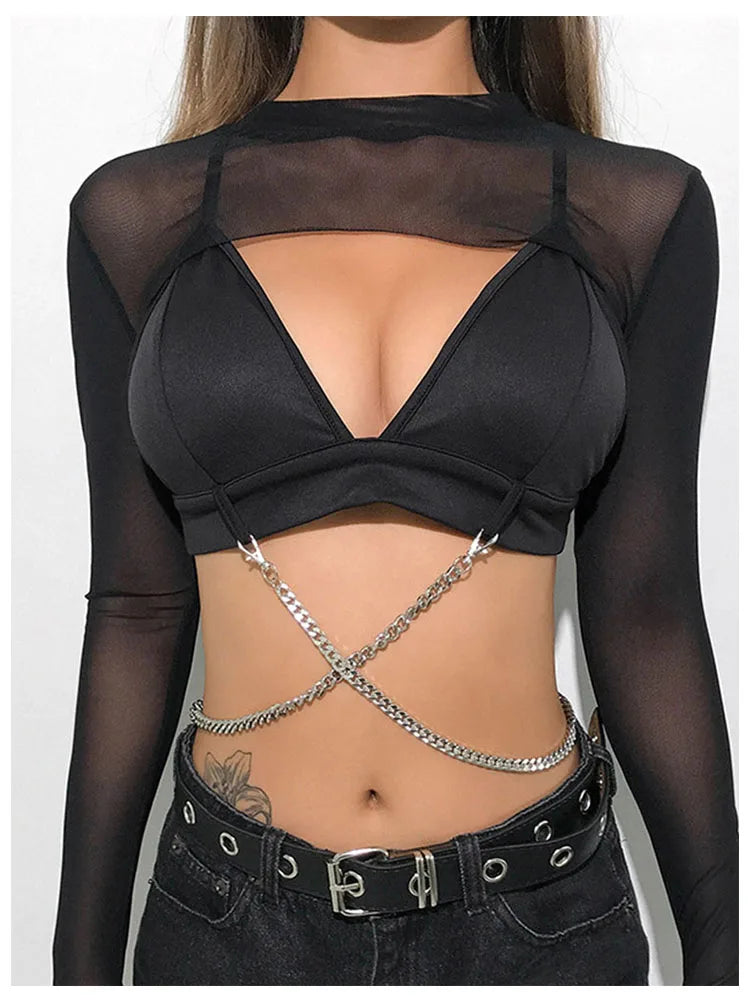 Sexy Frauen Crop Top Mesh Sleeve T-Shirt Sexy Tops Aushöhlen Transparent Tops Damen T Shirt Schwarz Top Casual T-shirt T-shirts