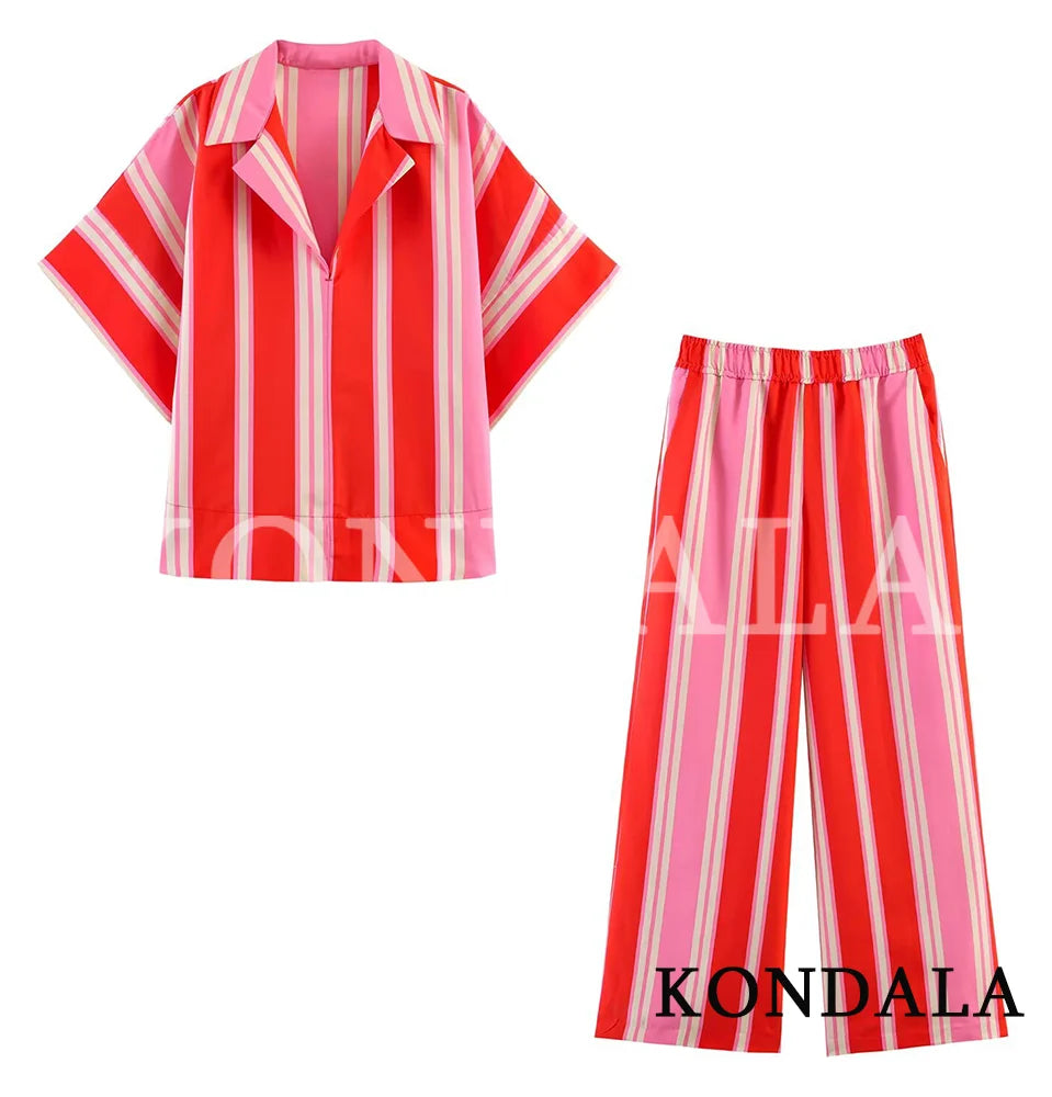KONDALA Damen Casual Urlaubs-Set mit Gestreiftem Kurzarm-Oberteil und Eleganter Langer Hose 2026 Sommer Schickes V-Ausschnitt-Top, Hose mit Elastischem Bund