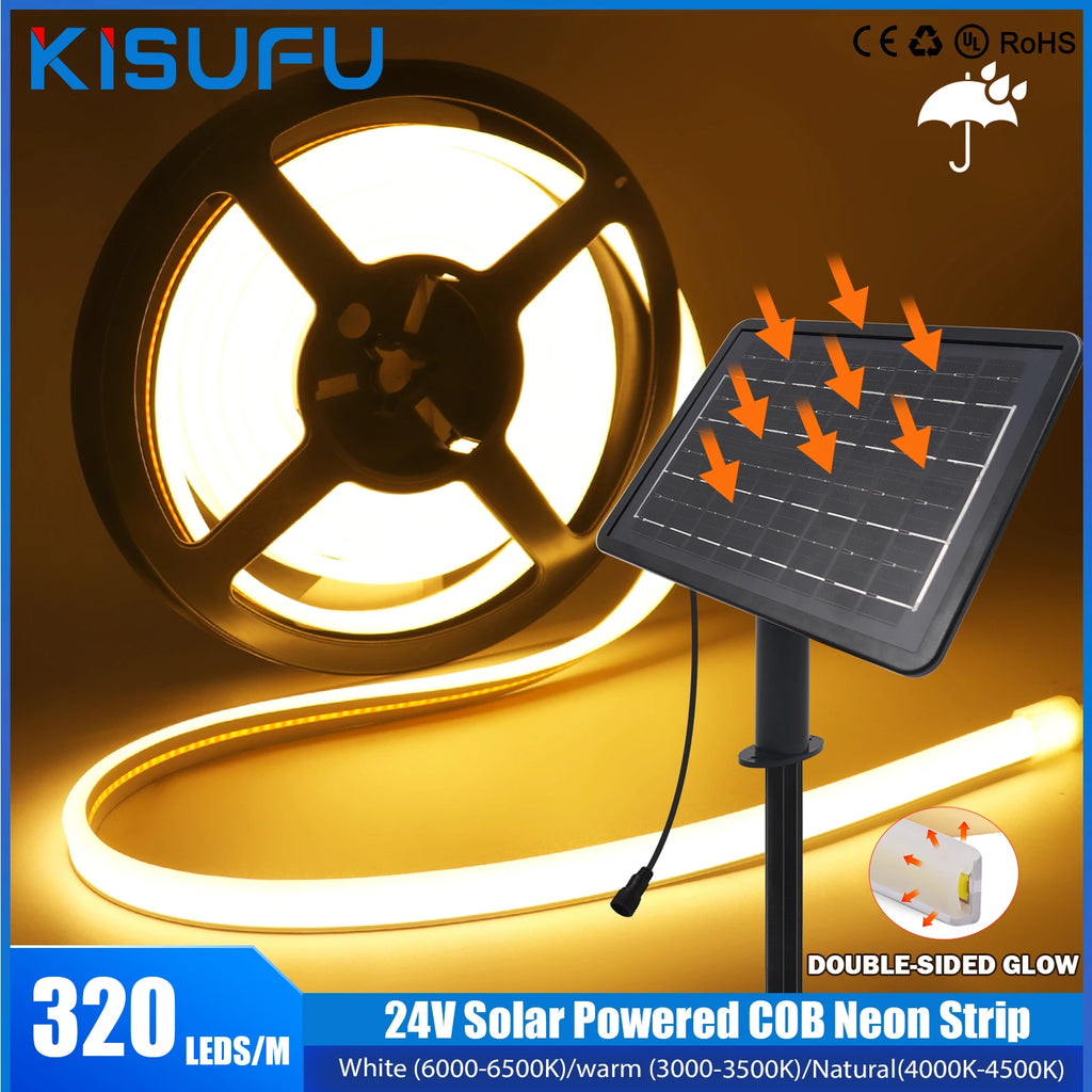 24V Solar COB LED Neonstreifen, doppelseitig leuchtend, 320 LEDs/m, wasserdicht, flexible Neonlampe, Innen- und Außenbereich, lineare Beleuchtung, 1M-10M