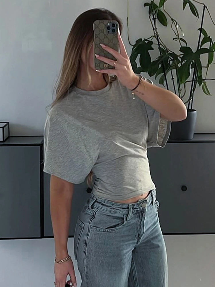 Mode Lässig Solide Grau Gestellte T-shirt 2025, Frau Kleidung Oansatz Korsett Tops Streetwear Mädchen Frühling Sommer Kurze T-shirts