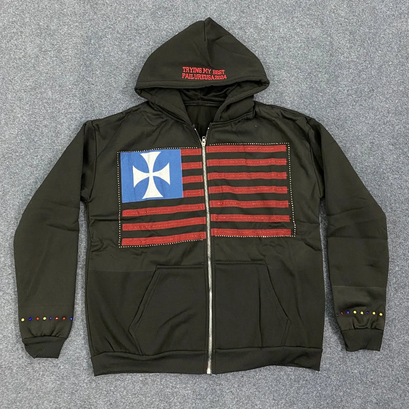 Y2K Europäische Amerikanische Mode Flagge Gedruckt Ästhetik Lange Sleeve Zipper Farbe Strass Top Lose Casual Design Frauen Hoodie