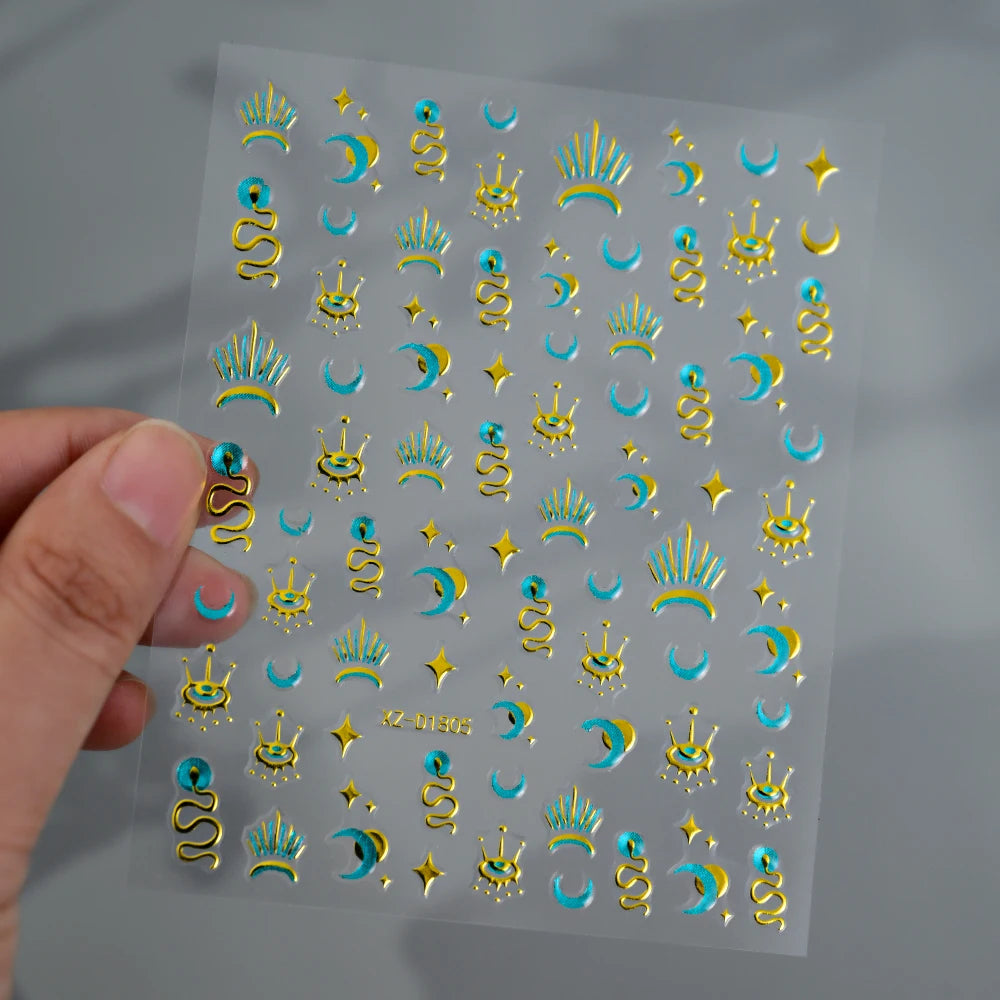1 Stück Blauer Edelstein Stern Sonne Mond Nagelaufkleber 3D Böhmisches Sternenlicht Herz Schlange Selbstklebende Abziehbilder Französische Linien Streifen Maniküre Sliders