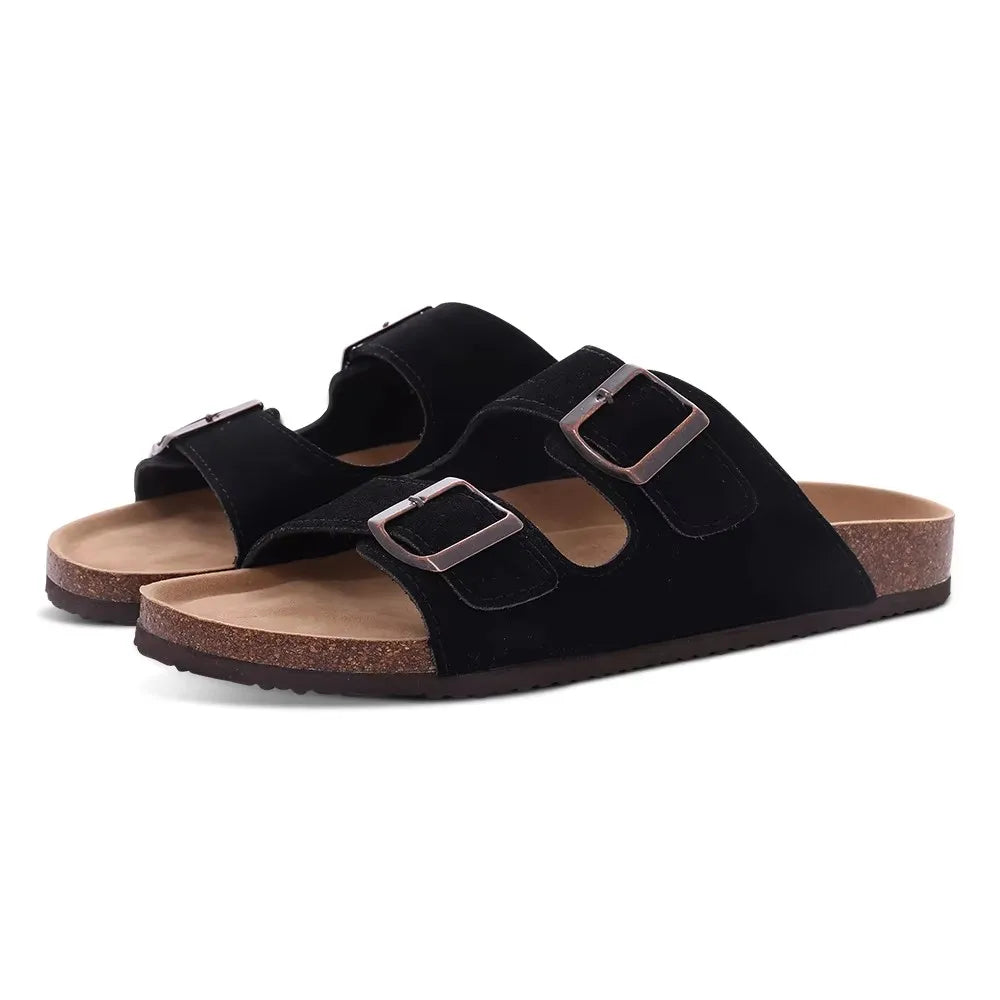 Crestar Damen-Hausschuhe mit Korkfußbett, Sommer-Paar, verstellbare Doppelschnallen, flache Sandalen, Outdoor-Kork-Strandrutschen mit offener Spitze