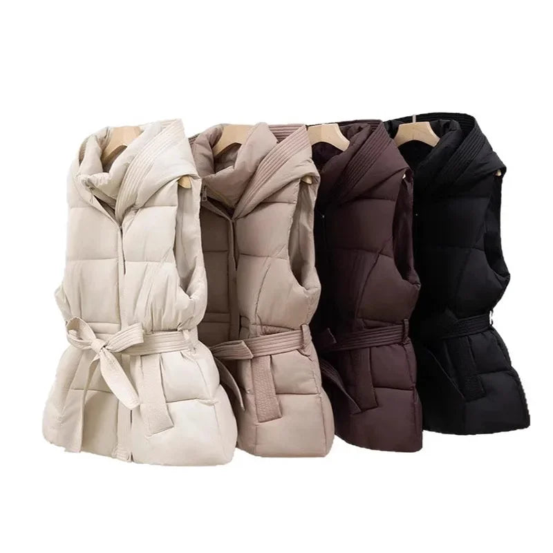 Gesteppte Pufferweste für Damen, verdickt, warm, Winter-Kapuzenmantel, einfarbig, ärmellos, gepolstert, Oberbekleidung, abgeschnittener Mantel mit Knopf und Reißverschluss