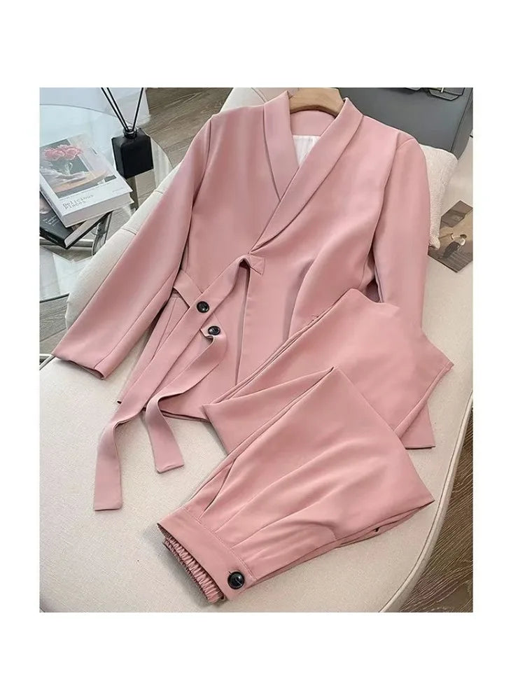 Damen Koreanische Mode Langarm-Blazer und Weite Hosen Zweiteiler Set Büro Casual Locker Sitzende Frühling Herbst Anzüge
