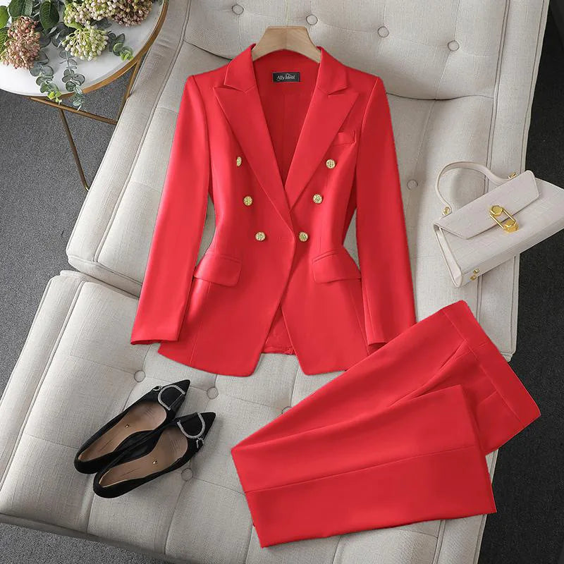 Koreanische Mode 2-Teiliges Set Umlegekragen Blazer Langarm Slim Fit Hosen Damenanzüge Büro-Damenkleidung Hosensets für Frauen