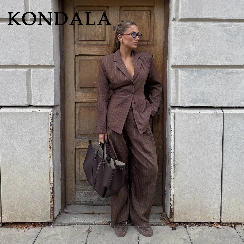 KONDALA 2026 Frühling Gestreifte Bürodamen-Anzüge Modische Elegante Braune Gürtel Lose Einreihige Blazer Schicke Weite Hosen