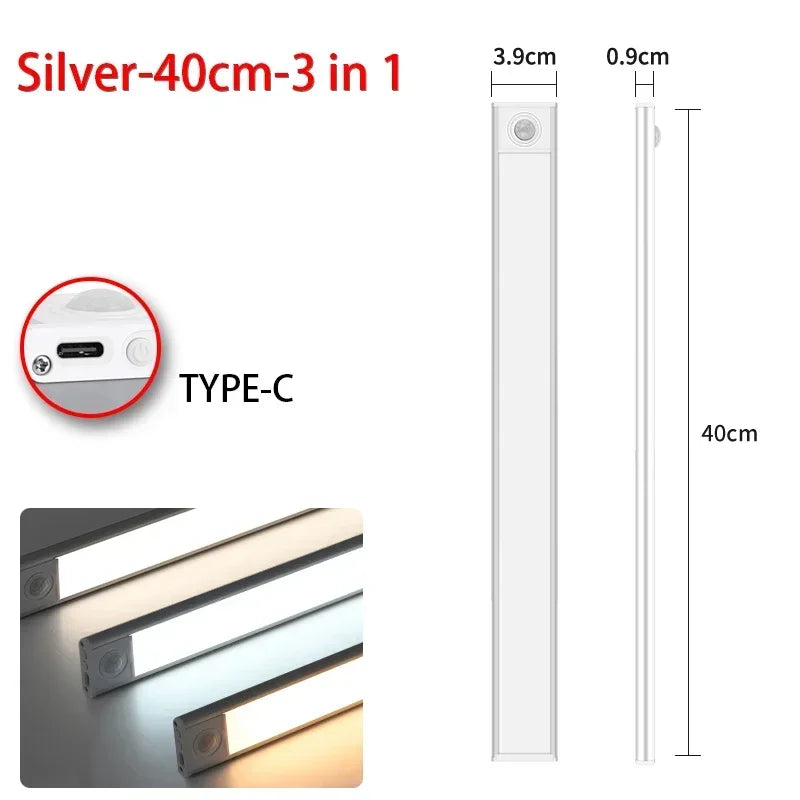 10–60 cm Bewegungsmelder unter dem Schrank, kabelloses, wiederaufladbares USB-Nachtlicht, 3 Farben, Schranklampe für den Innenbereich, Schlafzimmerbeleuchtung