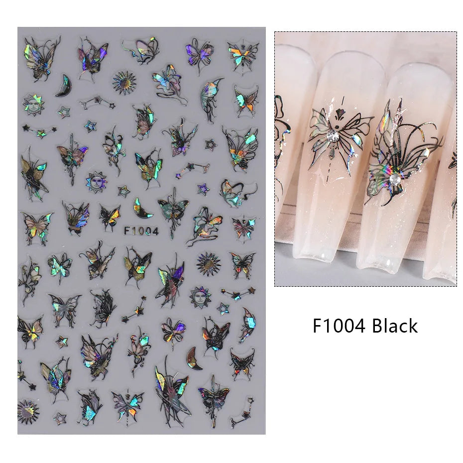 1PCS Schwarz Weiß Schmetterling Laser Nagel Aufkleber Y2K Nail art Dekoration Abstrakte Linien Bronzing Blumen Aufkleber Für Nägel