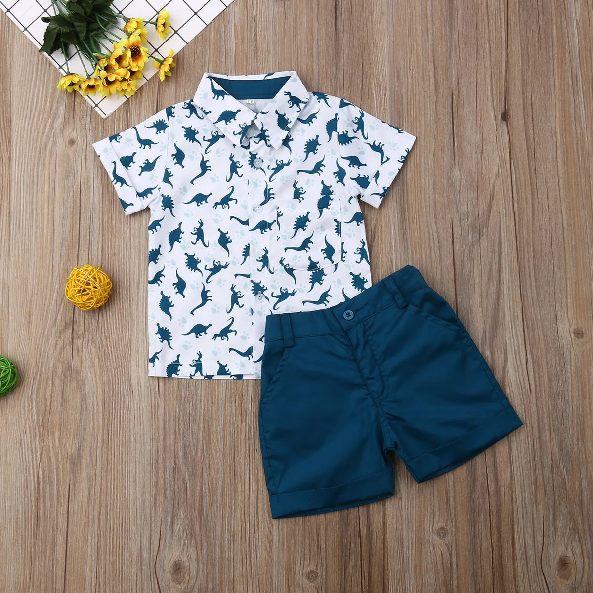Sommer Kinder Kleidung Set Infant Cartoon Dinosaurier Druck Kurzarm Shirt + Einfarbig Shorts Kind Kleinkind Jungen Outfit