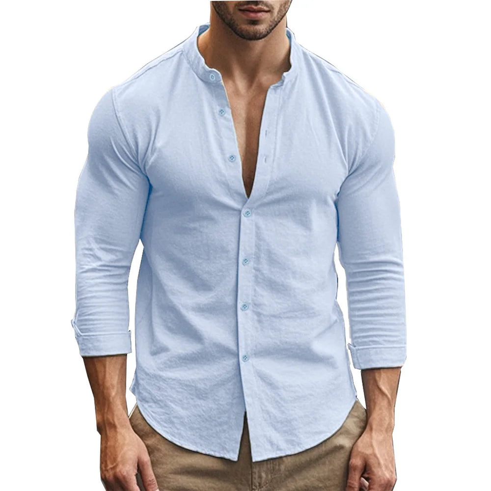 Henry-Hemden für Herren, Baumwolle, Leinen, schmale Passform, kausal, hawaiianisch, einfarbig, Basic-Stil, Frühling und Sommer, atmungsaktive Herrenbekleidung