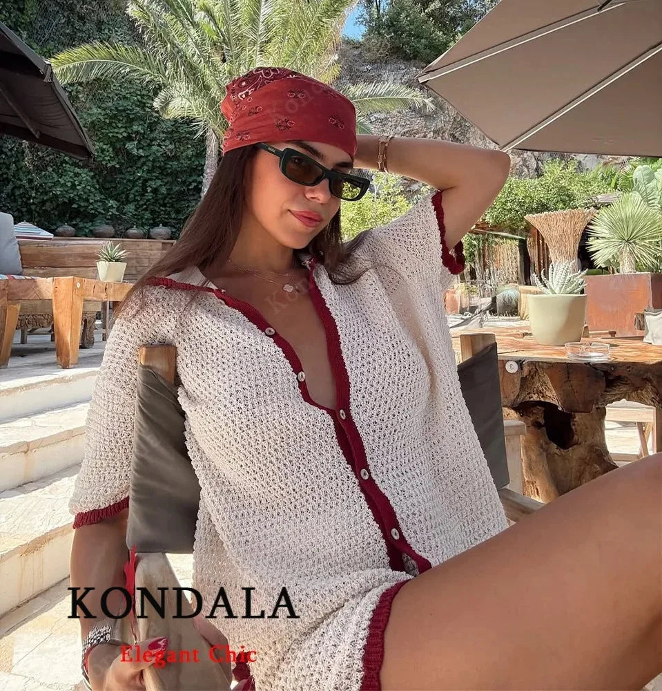 KONDALA Lady Casual Crochet Hollow Shorts Set Kurzarm-Hemden mit Knöpfen, Shorts mit Kordelzug 2025, Sommerferien, Damen-Strickset