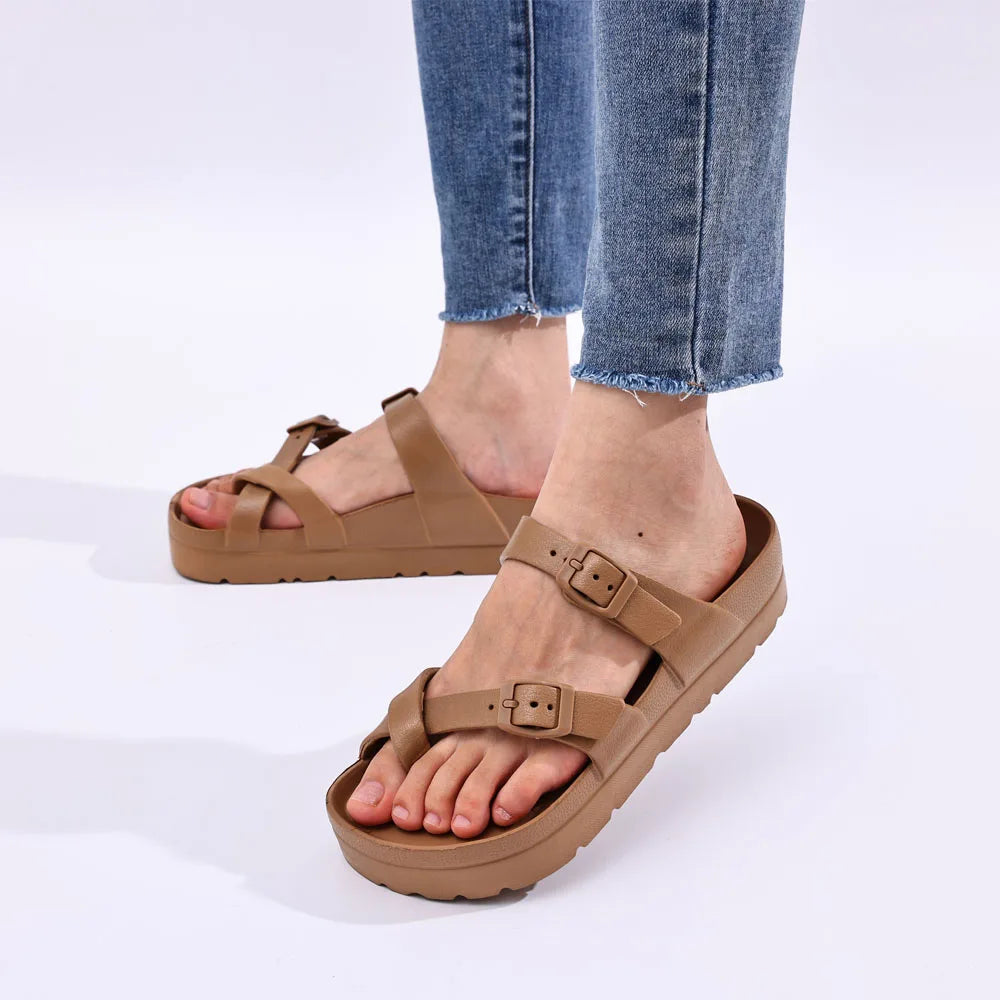 Crestar Modische Plateau-Sandalen, bequeme Schaumstoff-Slides, dicke Sohlen, Outdoor-Strandsandalen mit verstellbarer Schnalle und Fußgewölbeunterstützung