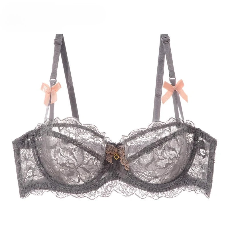 MOYISU Sommer-Dessous-Set, transparente französische Spitze, Minimiser-BH, Slip, ultradünn, sexy Damenunterwäsche, große Brust, sexy, zerknitter und Höschen