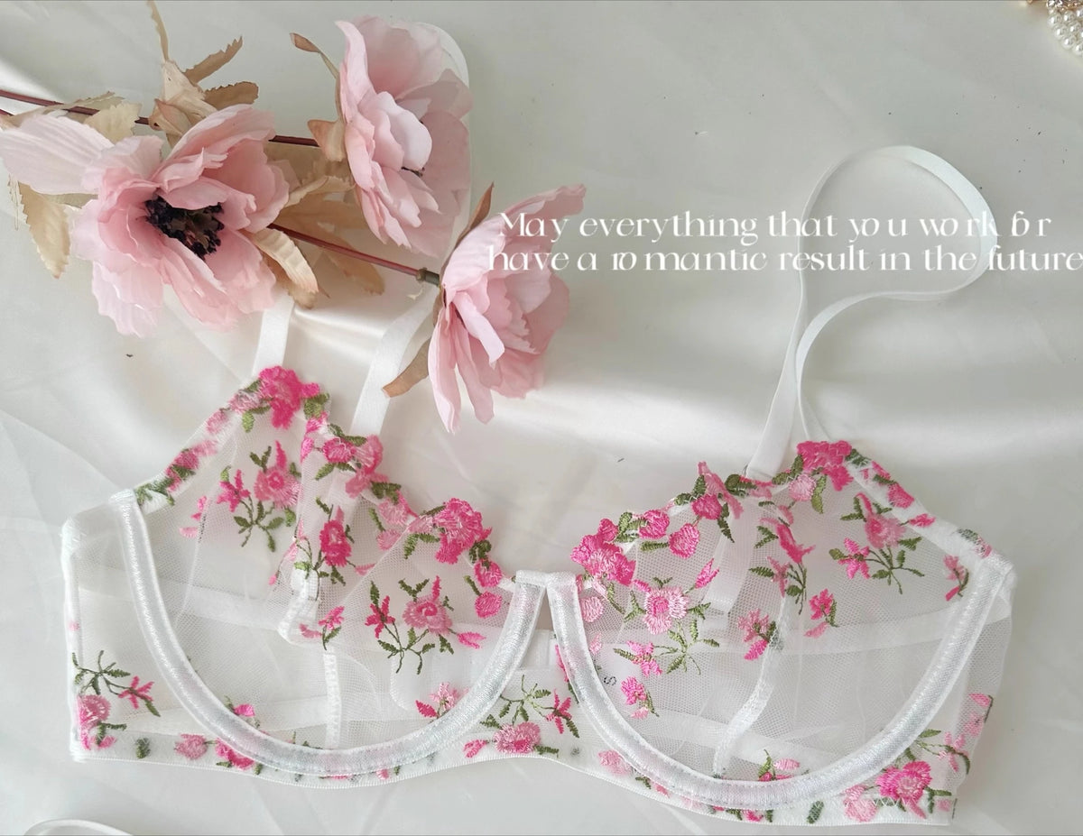 Kawaii japanisches Dessous-Set aus transparentem Tüll, rosa Blumenstickerei-BH, Bralette, reines passendes Set, BANERDANNI Tushy-BHs