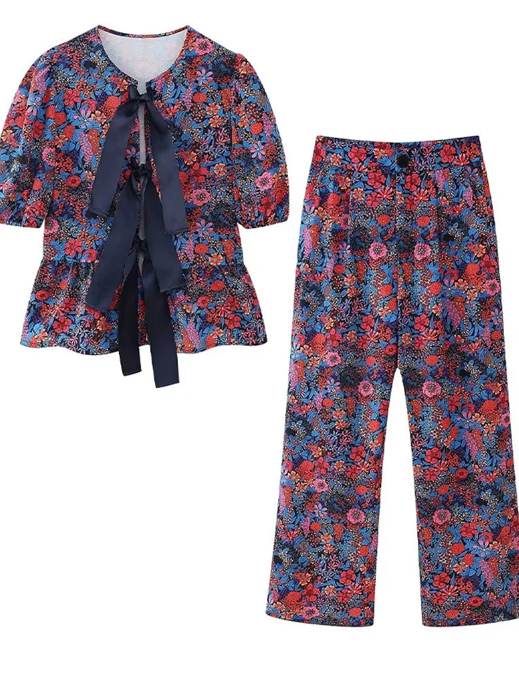 2024 Damen-Freizeithosen-Set, lila Druck, weites Bein, Hosen + Schleife, Schnürung, kurze Ärmel, Strickjacke, Hemden, Textur, Y2k-Sommeranzug