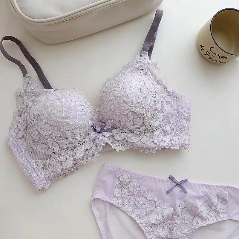 Spitzen-BH-Set im japanischen Stil für Damen, kleine Büste, Push-Up-Lift, verstellbar, Anti-Durchhängen, seitliche Unterstützung, kein Lücke, kabellos, luxuriöser Komfort AB