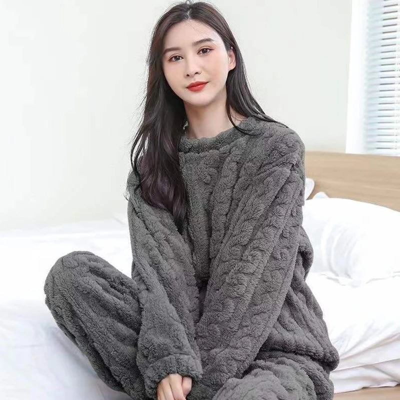 Herbst Frauen Feste Warme 2 Stück Sets Verdicken Samt Rippen Fleece Set Pullover Und Hosen Frauen Casual Pyjama Sets 2023